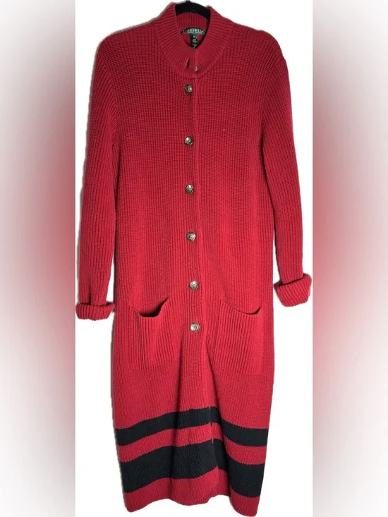 Vintage Lauren Ralph Lauren Red Long Knit Duster Sweater Minimalist - Picture 1 of 5